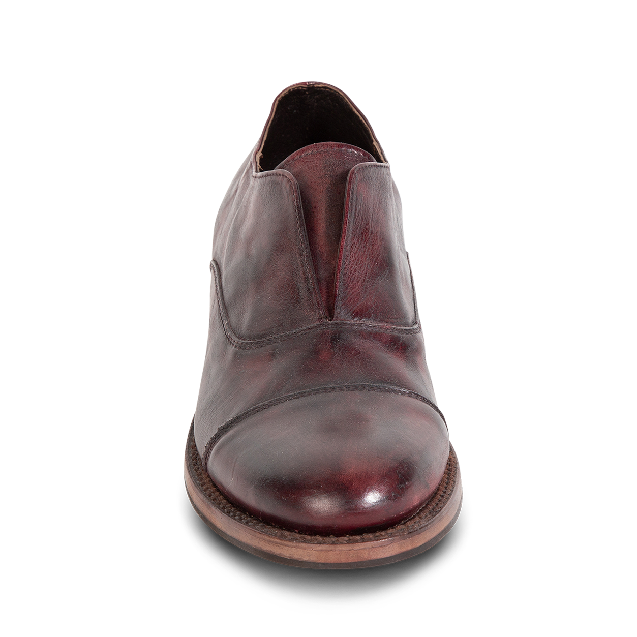 Front view showing loafer construction and almond toe on FREEBIRD men's Detrick wine shoe