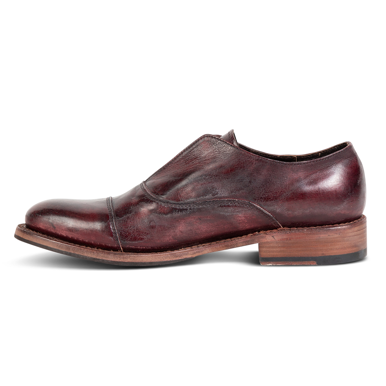 Inside view showing stitch detailing and low heel on FREEBIRD men's Detrick wine shoe