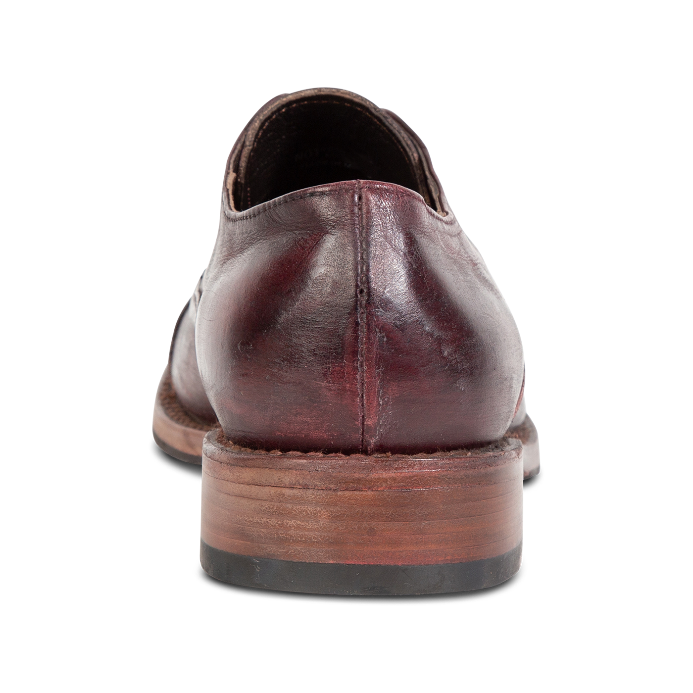 Back view showing low heel on FREEBIRD men's Detrick wine shoe