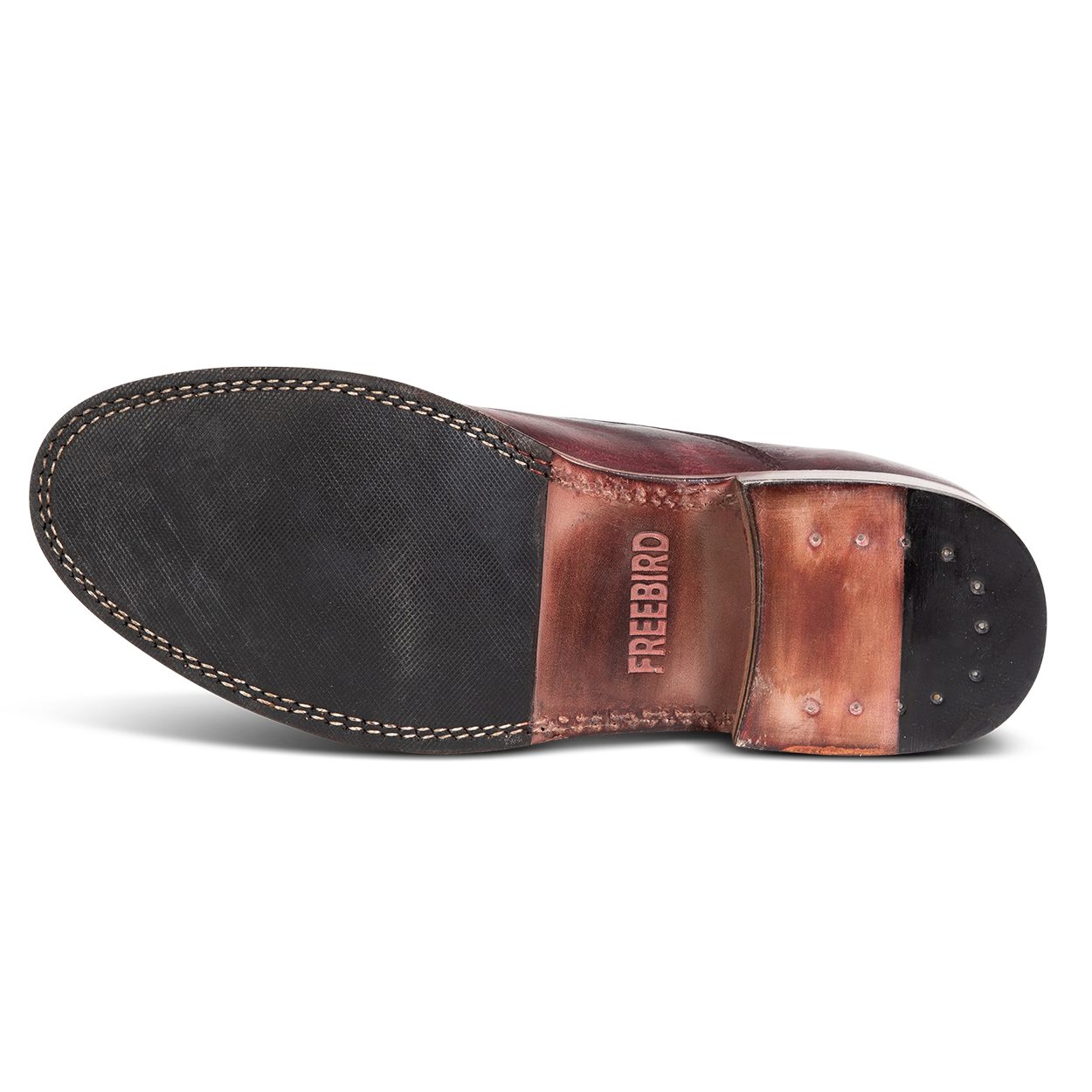 Rubber sole imprinted with FREEBIRD on men's Detrick wine shoe