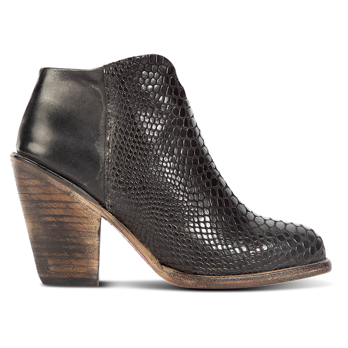 FREEBIRD women's Detroit black snake featuring inverted heel, front cut out dip, and two toned full grain leather