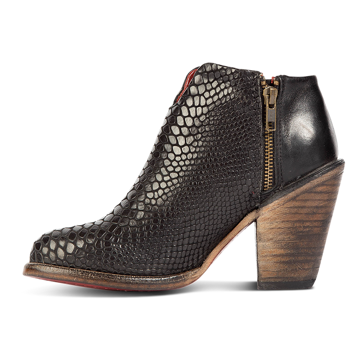 Inside view showing zip closure and two toned leather on FREEBIRD women's Detroit black snake bootie