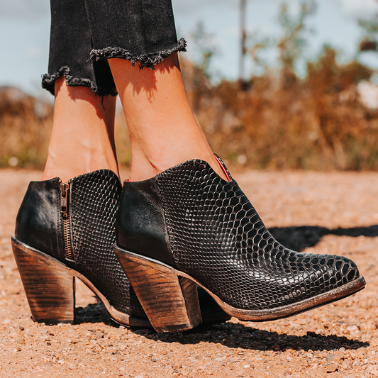 FREEBIRD women's Detroit black snake featuring inverted heel, front cut out dip, and two toned full grain leather