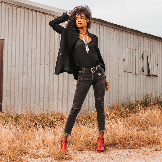 FREEBIRD women's Detroit red croco featuring inverted heel, front cut out dip, and two toned full grain leather lifestyle