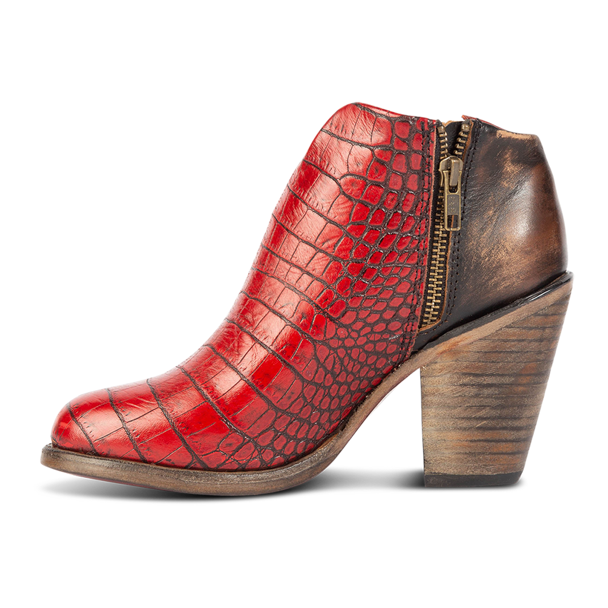 Inside view showing zip closure and two toned leather on FREEBIRD women's Detroit red croco bootie