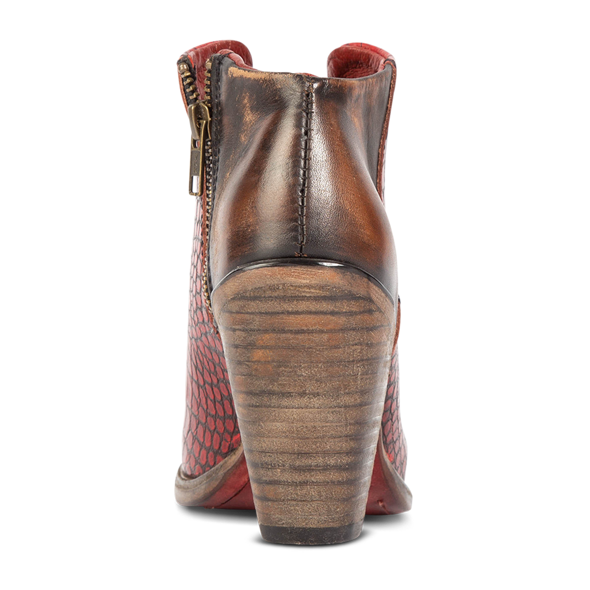 Back view showing inverted wooden heel on FREEBIRD women's Detroit red croco bootie