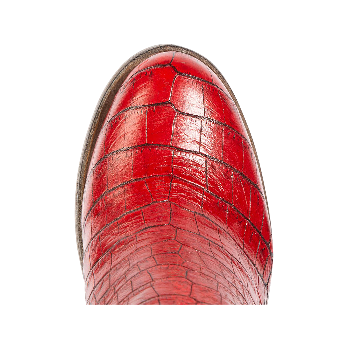Top view showing round toe on FREEBIRD women's Detroit red croco bootie