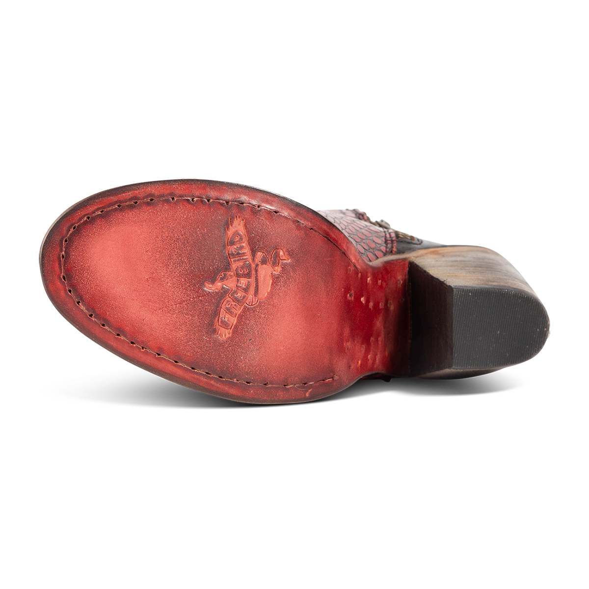 Leather sole imprinted with FREEBIRD on women's Detroit red croco bootie