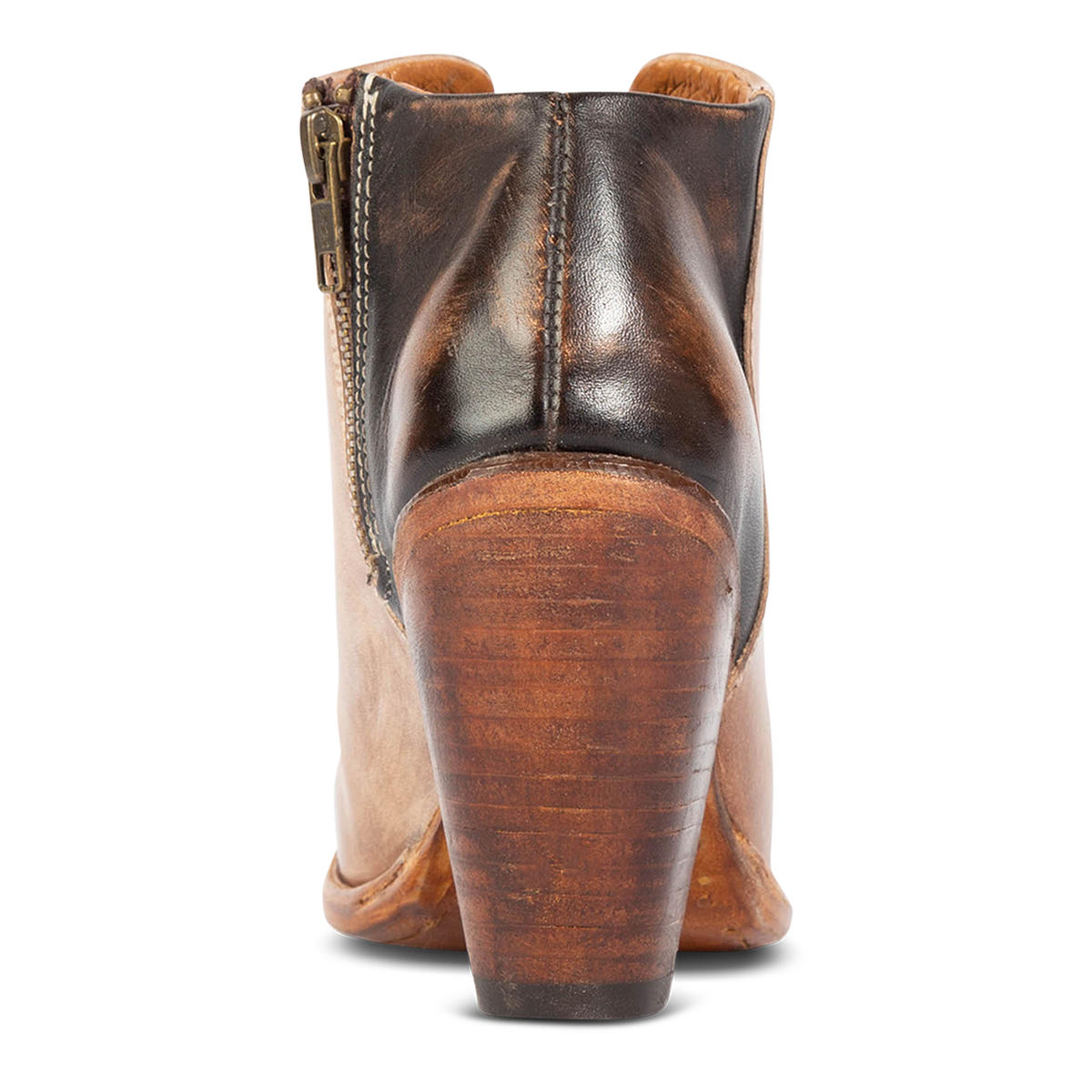 Back view showing inverted wooden heel on FREEBIRD women's Detroit taupe bootie
