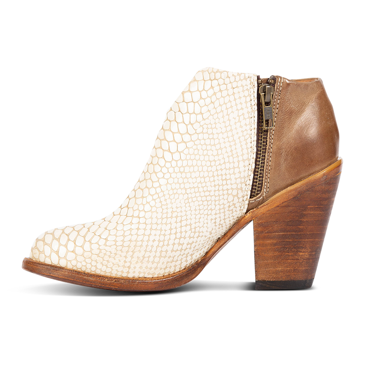 Inside view showing zip closure and two toned leather on FREEBIRD women's Detroit white snake bootie