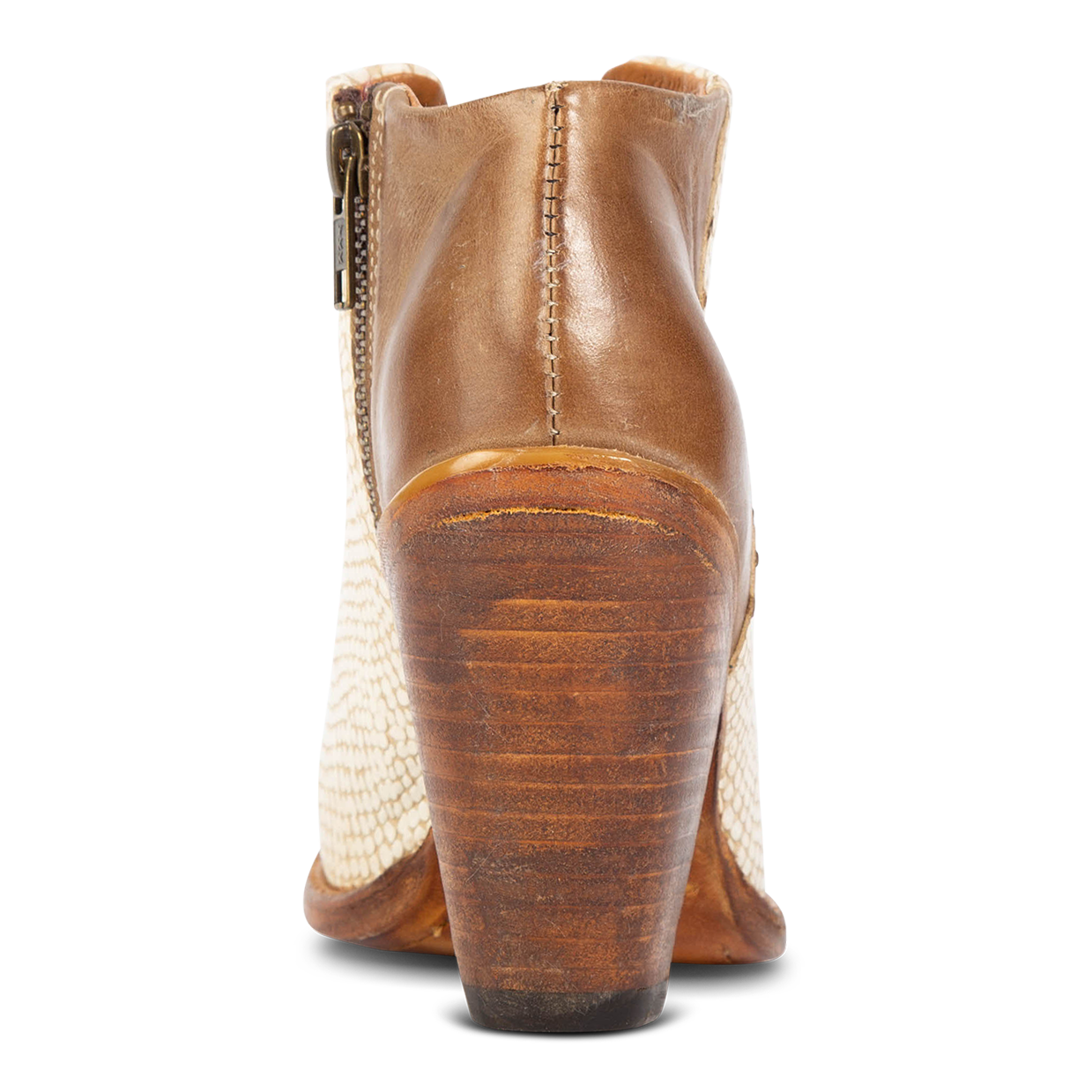 Back view showing inverted wooden heel on FREEBIRD women's Detroit white snake bootie