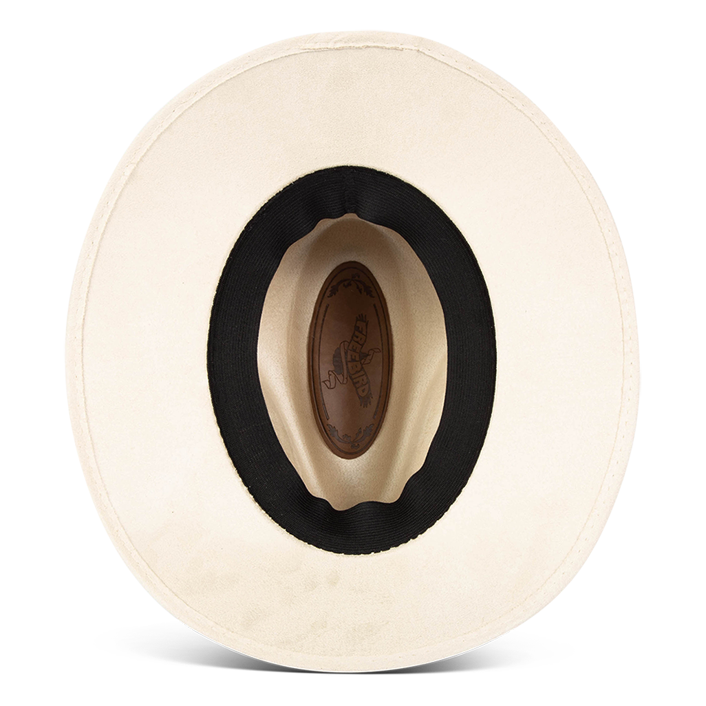 Dora beige inside view showing sweatband on FREEBIRD minimalistic hat featuring a teardrop crown and relaxed-brim