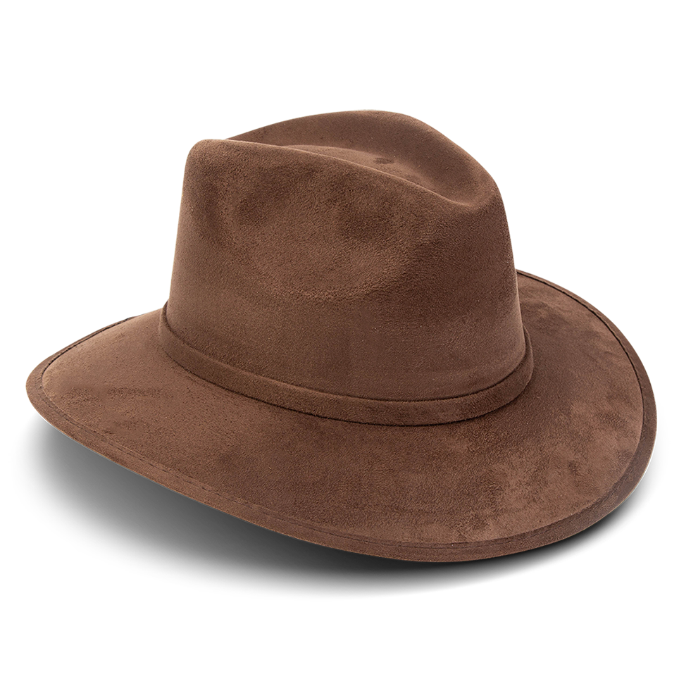 Dora brown side view showing tonal ribbon on FREEBIRD minimalistic hat featuring a teardrop crown and relaxed-brim