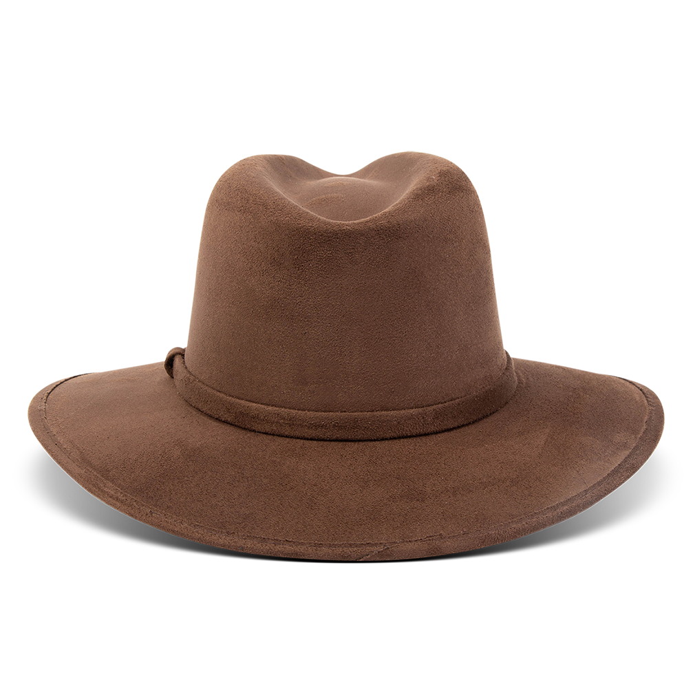 Dora brown back view showing tonal ribbon on FREEBIRD minimalistic hat featuring a teardrop crown and relaxed-brim
