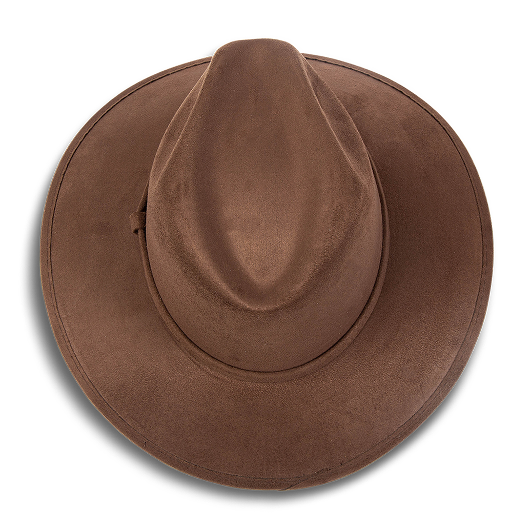 Dora brown top view showing teardrop crown on FREEBIRD minimalistic hat featuring a relaxed-brim