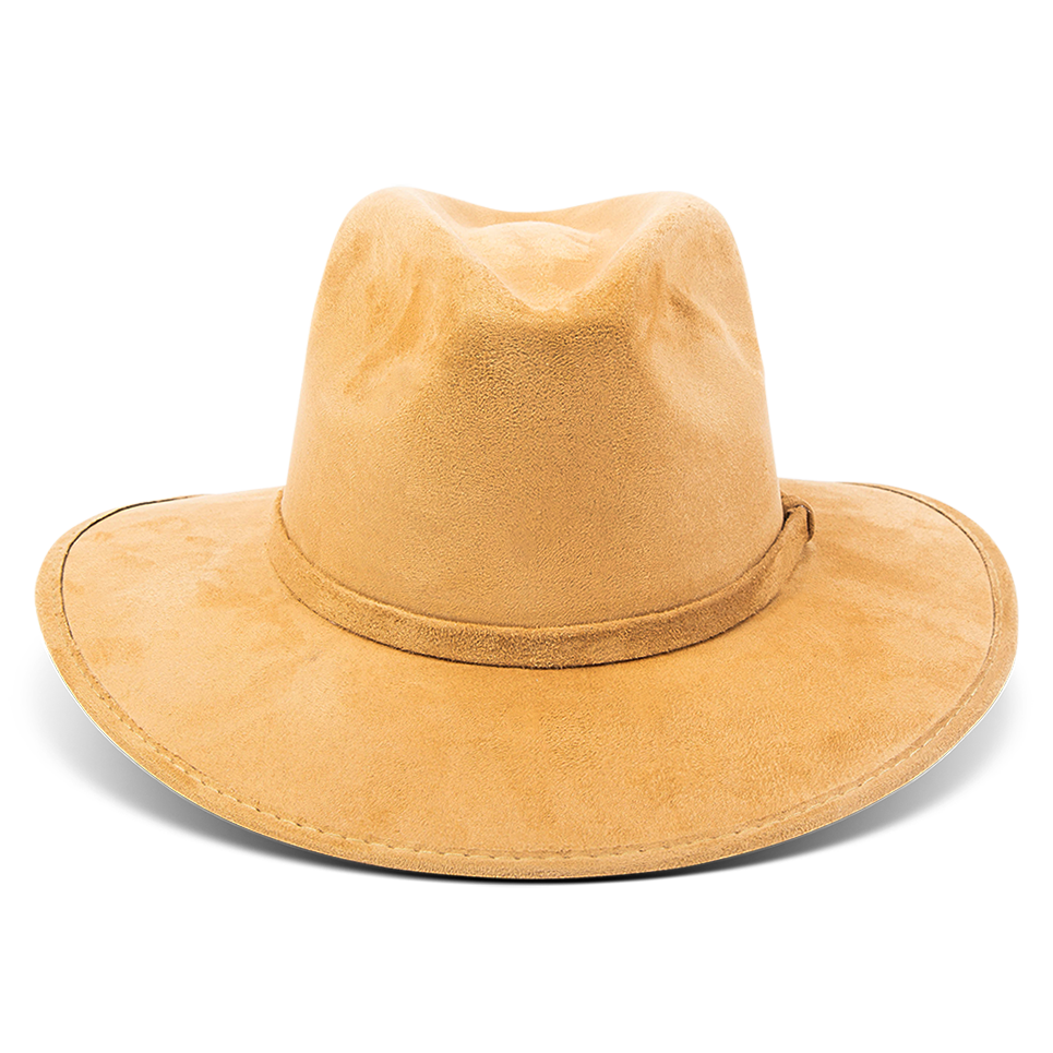 Dora camel back view showing tonal ribbon on FREEBIRD minimalistic hat featuring a teardrop crown and relaxed-brim