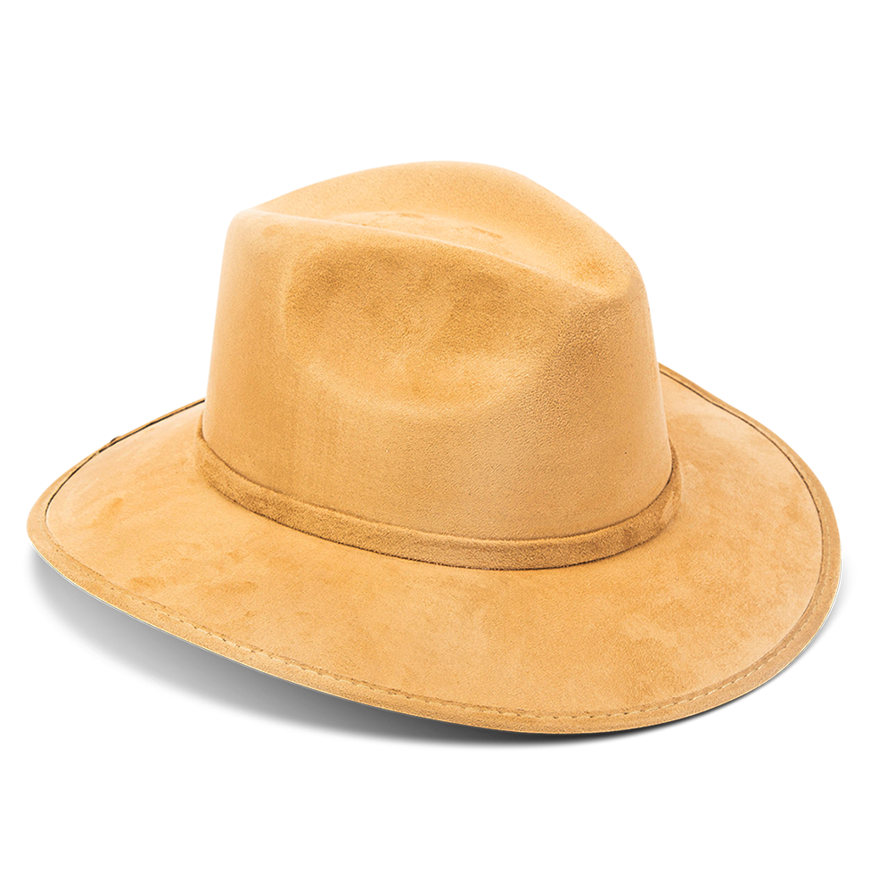 Dora camel side view showing tonal ribbon on FREEBIRD minimalistic hat featuring a teardrop crown and relaxed-brim