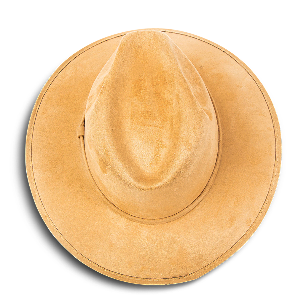 Dora camel top view showing teardrop crown on FREEBIRD minimalistic hat featuring a relaxed-brim