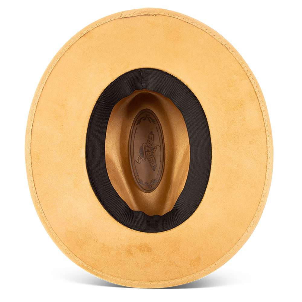Dora camel inside view showing sweatband on FREEBIRD minimalistic hat featuring a teardrop crown and relaxed-brim