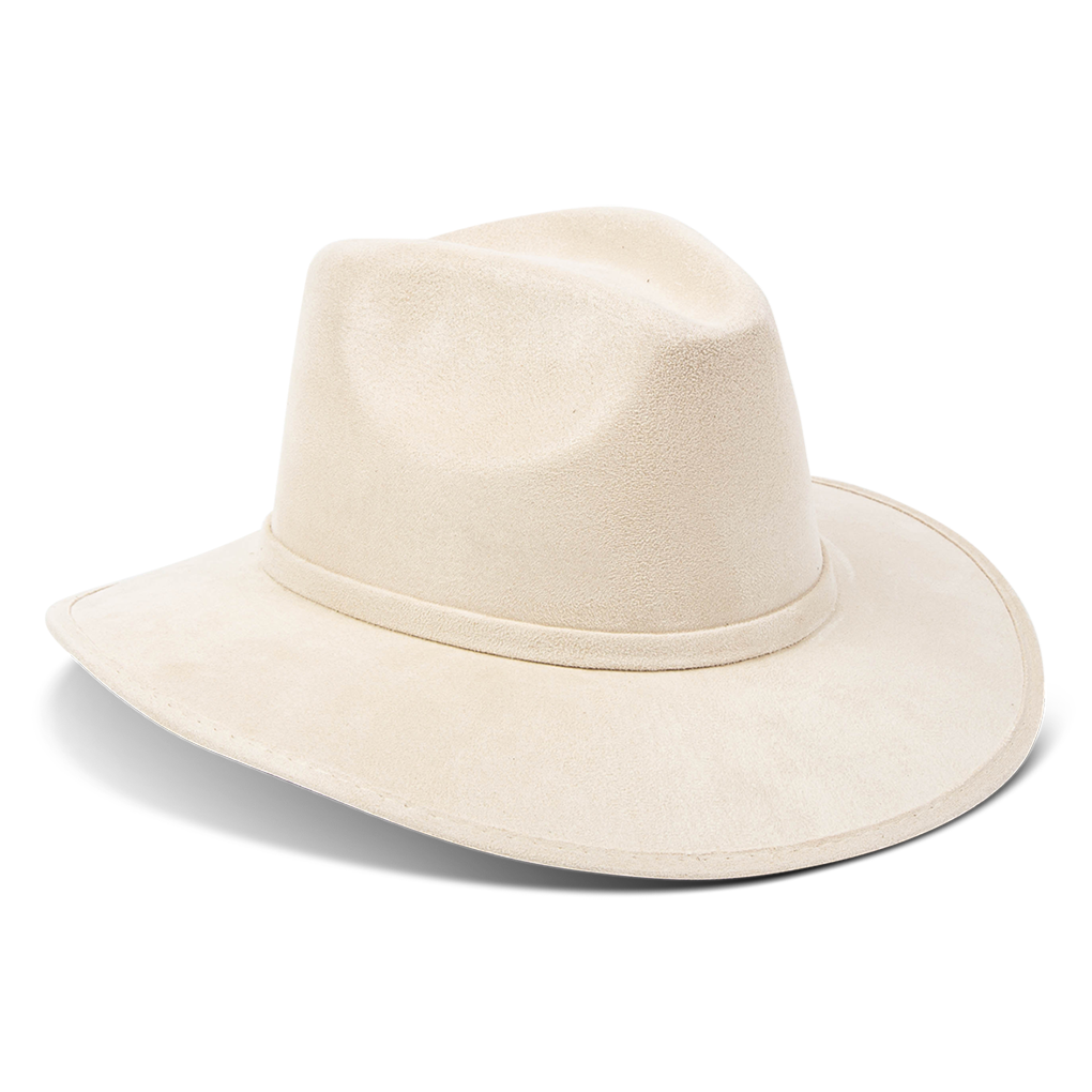 Dora beige side view showing tonal ribbon on FREEBIRD minimalistic hat featuring a teardrop crown and relaxed-brim