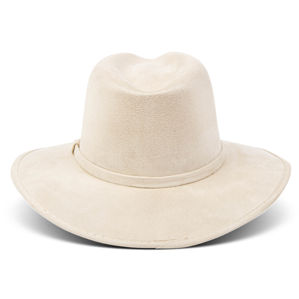 Dora beige back view showing tonal ribbon on FREEBIRD minimalistic hat featuring a teardrop crown and relaxed-brim