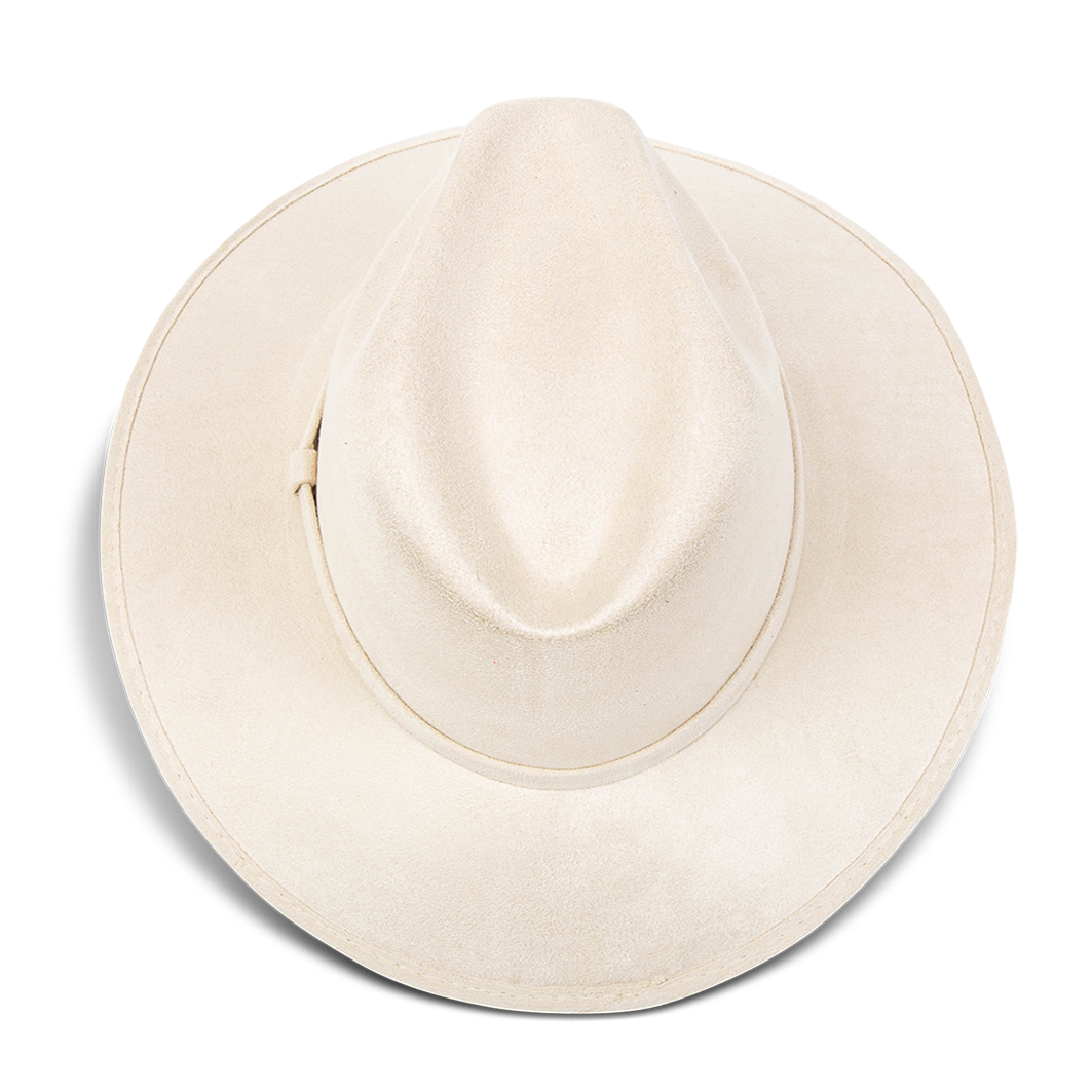 Dora beige top view showing teardrop crown on FREEBIRD minimalistic hat featuring a relaxed-brim