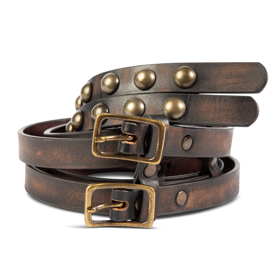 FREEBIRD Double black distressed full grain leather belt featuring rustic hardware and double buckle closure