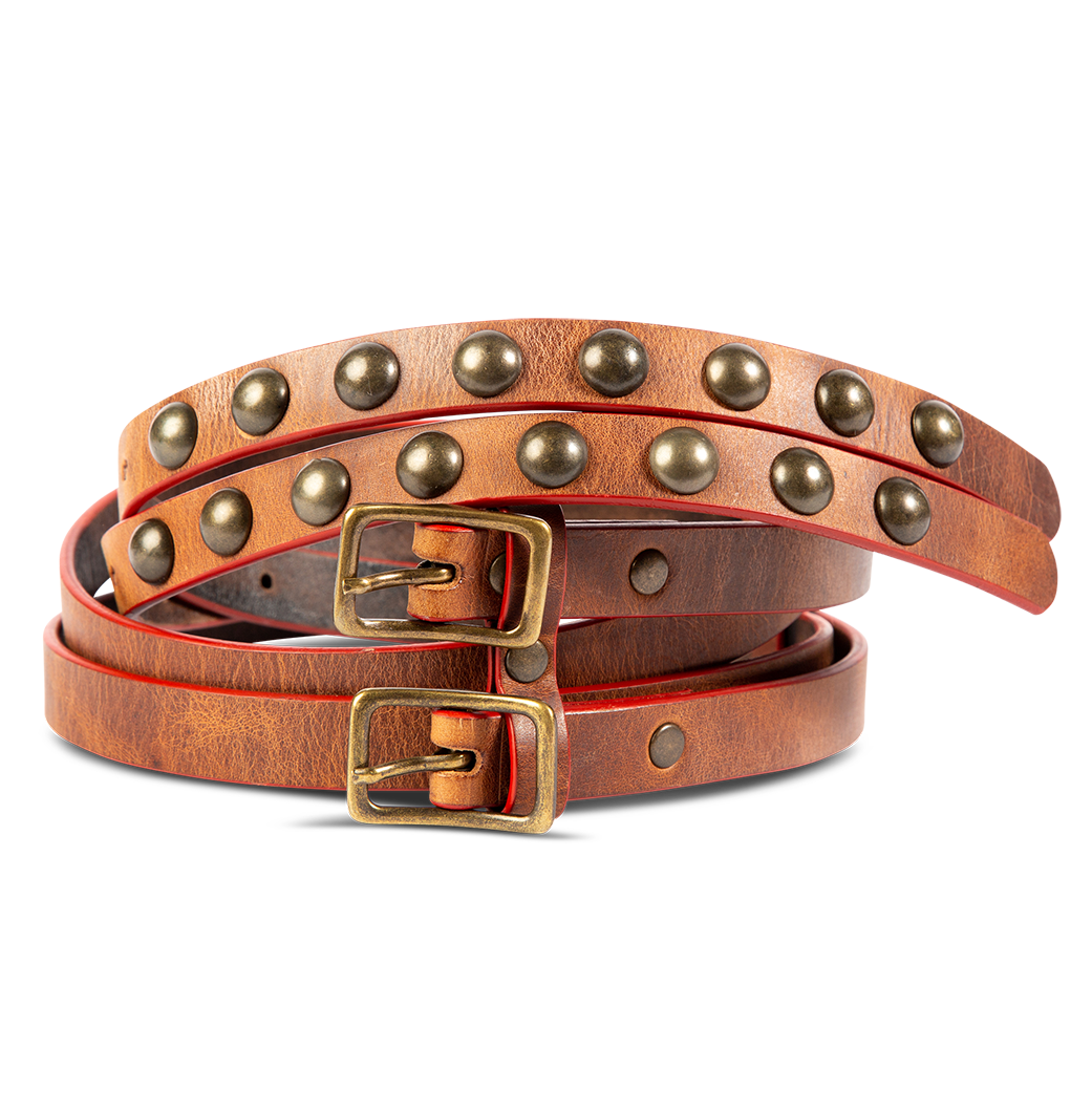 FREEBIRD Double brown full grain leather belt featuring rustic hardware and double buckle closure