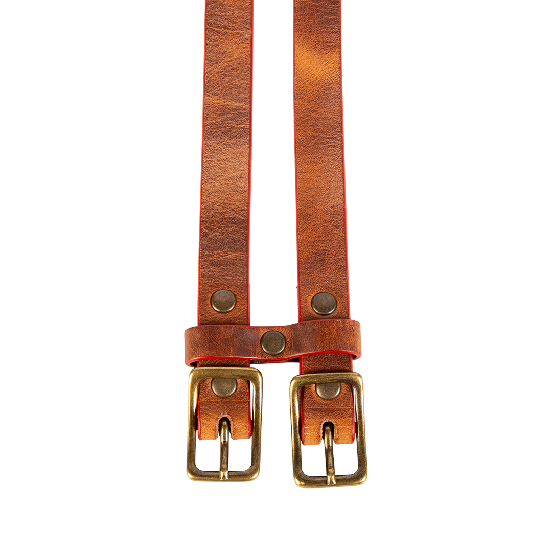Double brown top view featuring double buckle detailing on FREEBIRD full grain leather belt