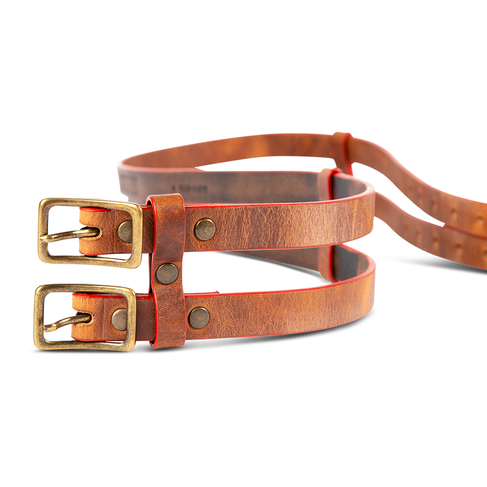 Double brown front view featuring full grain leather and double buckle detailing on FREEBIRD full grain leather belt