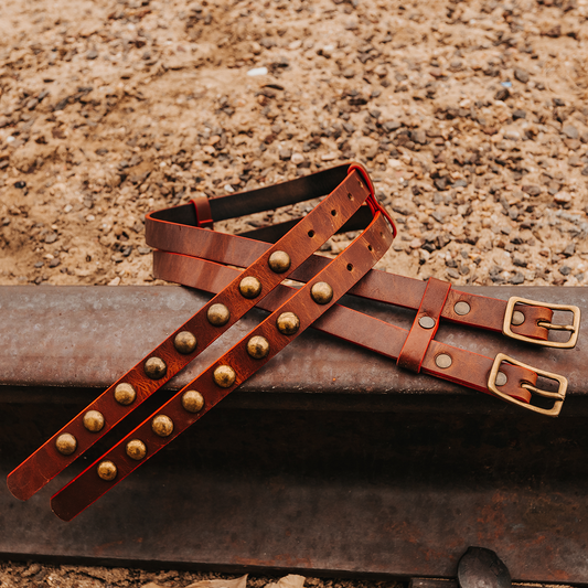 FREEBIRD Double brown full grain leather belt featuring rustic hardware and double buckle closure