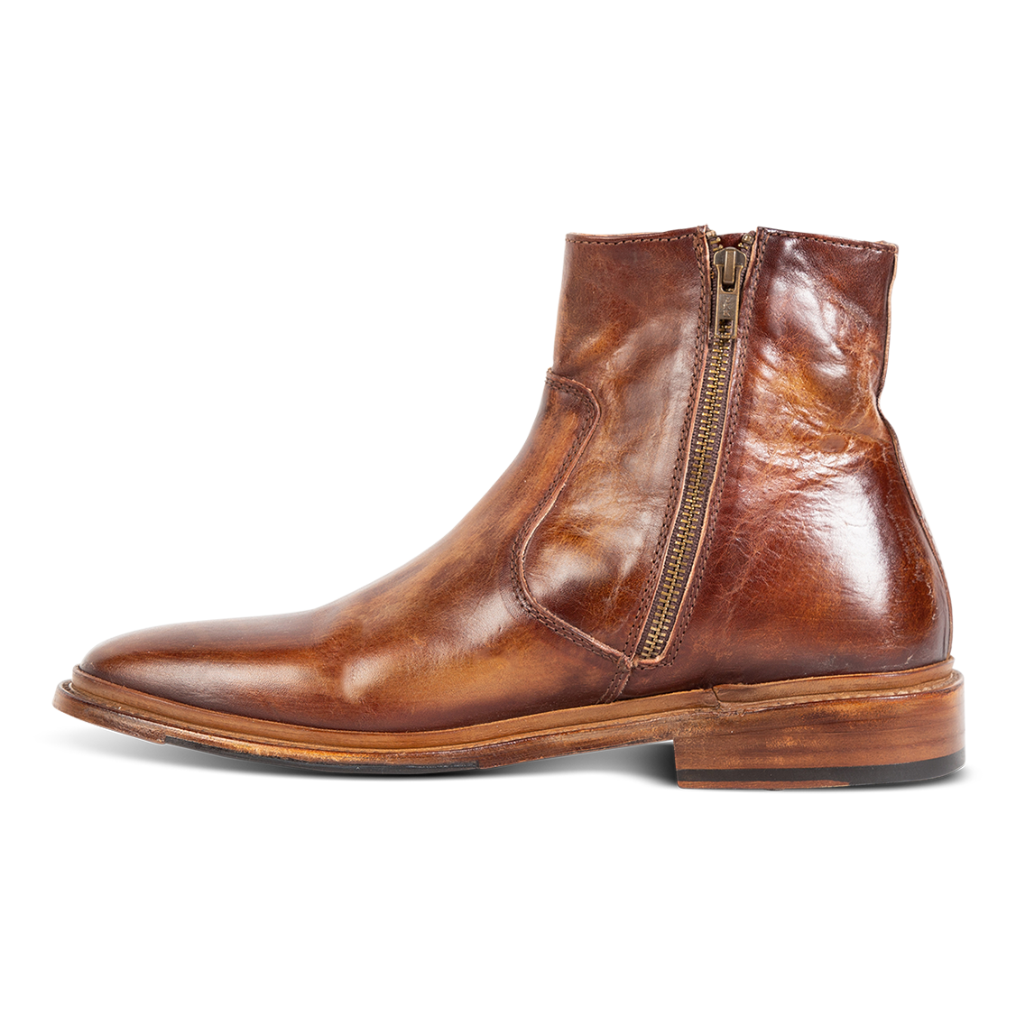 Inside view showing working zip closure and stitch detailing on FREEBIRD men's Douglas cognac ankle boot