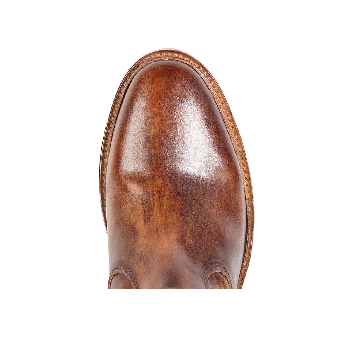 Top view showing almond toe on FREEBIRD men's Douglas cognac ankle boot