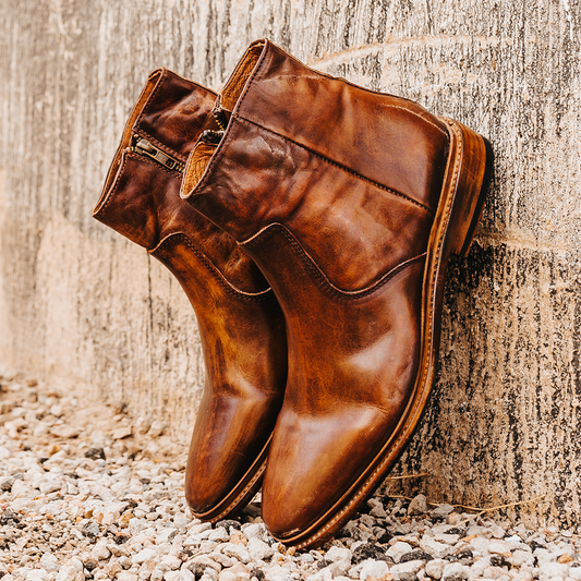 FREEBIRD men's Douglas cognac inside zip low heel ankle boot with almond toe