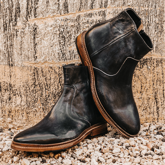 FREEBIRD men's Douglas navy inside zip low heel ankle boot with almond toe