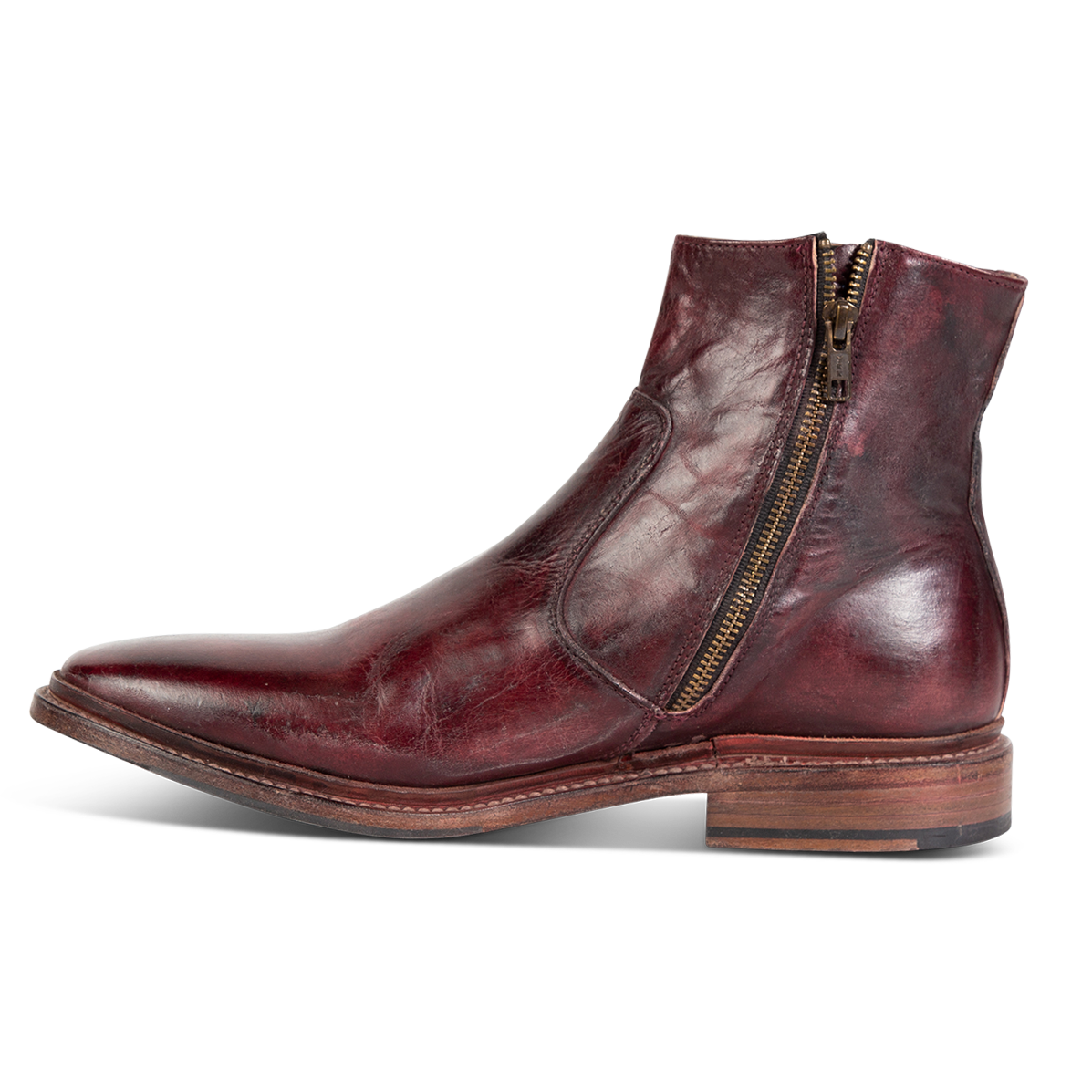 Inside view showing working zip closure and stitch detailing on FREEBIRD men's Douglas wine ankle boot