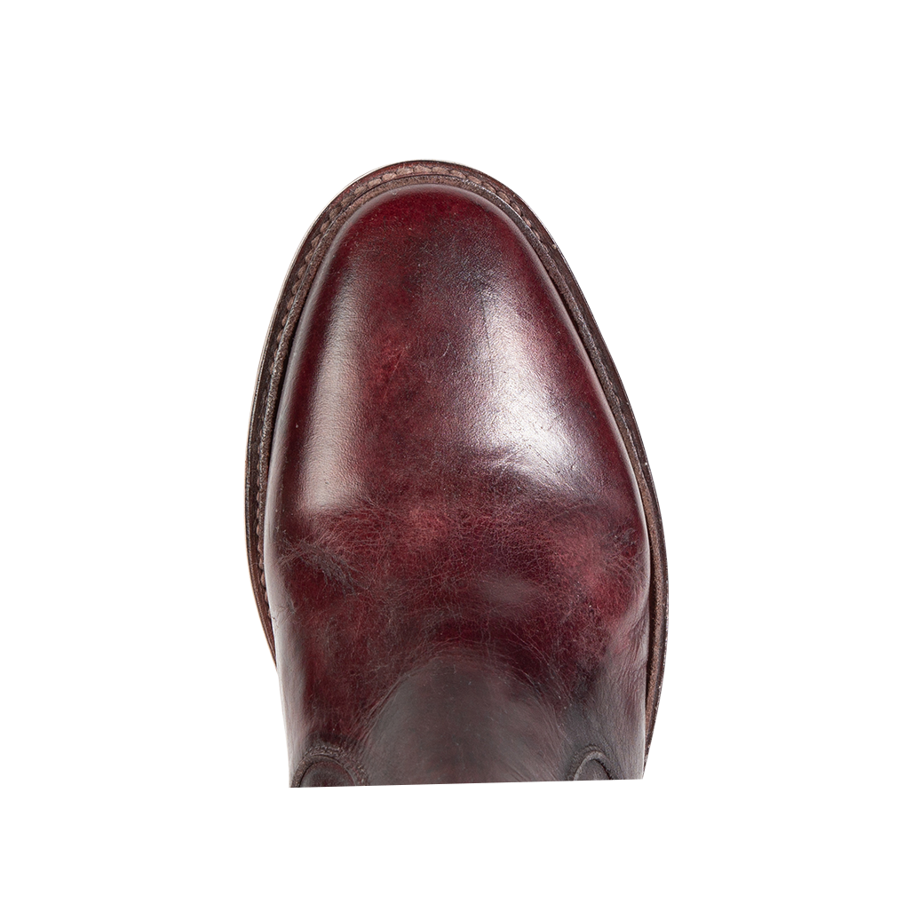 Top view showing almond toe on FREEBIRD men's Douglas wine ankle boot
