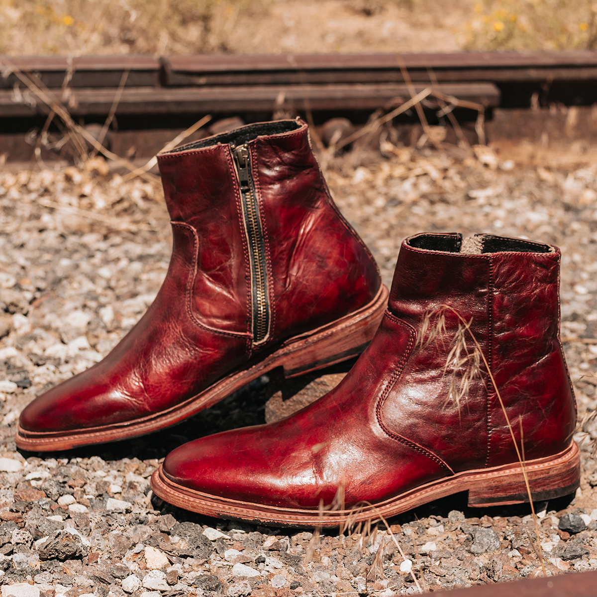 FREEBIRD men's Douglas wine inside zip low heel ankle boot with almond toe