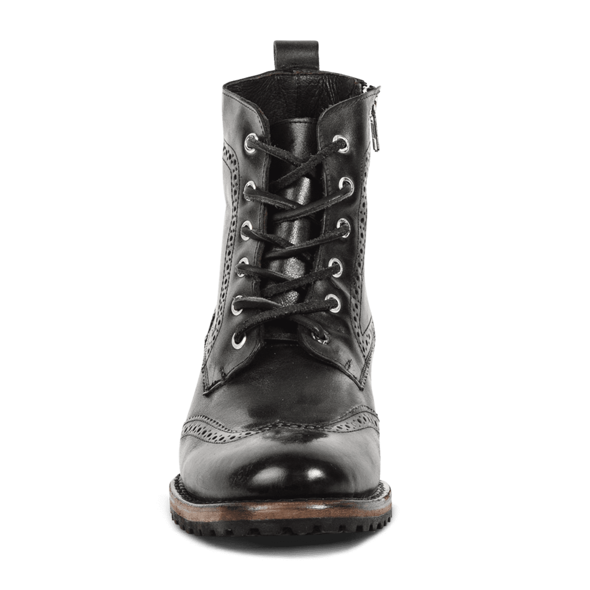 Front view showing leather lace up on FREEBIRD men's Bradford black leather boot