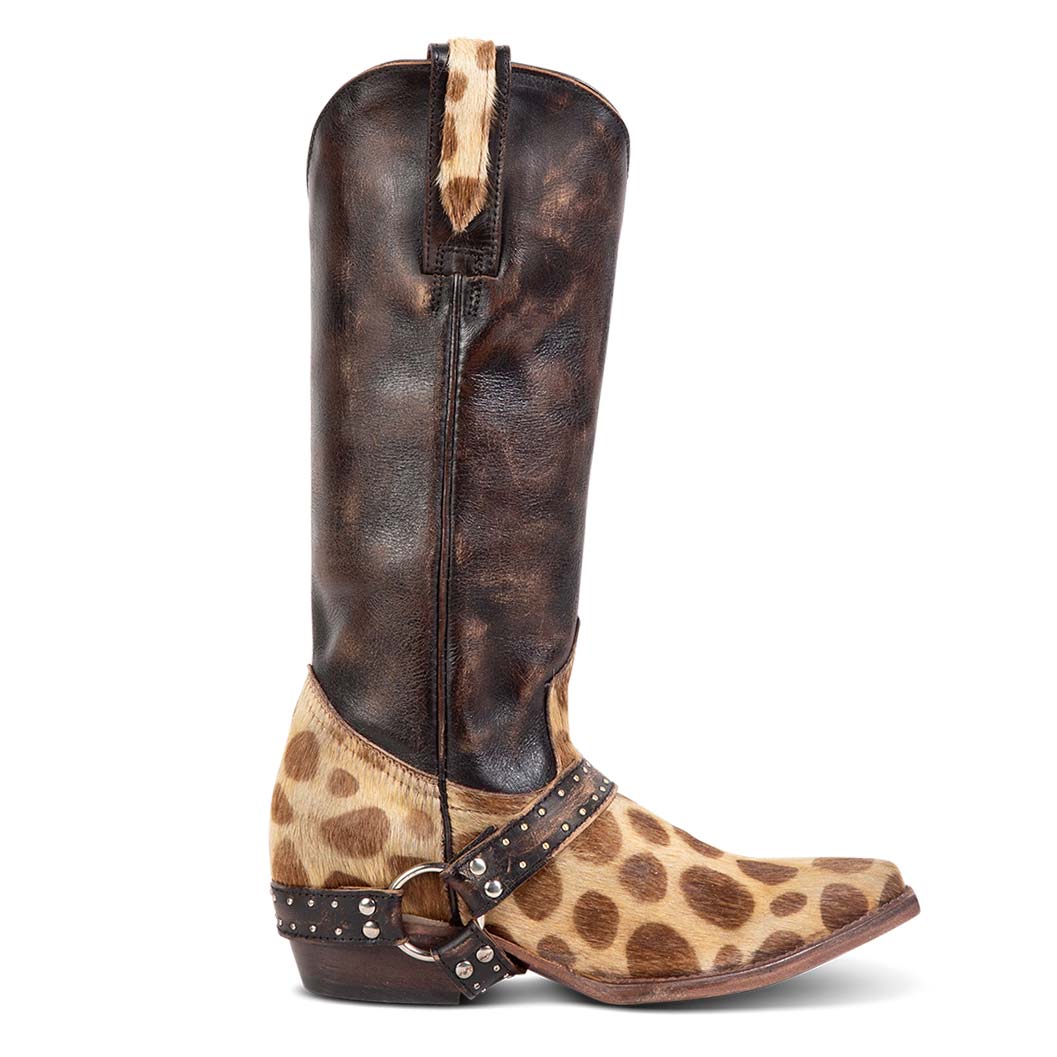 FREEBIRD women's Lusitano leopard western boot with embellished harness and snip toe