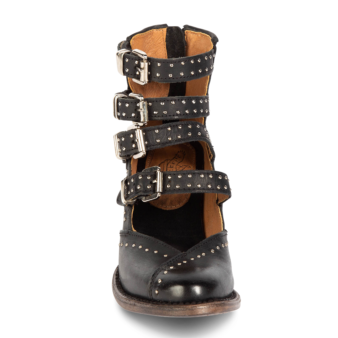 Front view showing adjustable leather straps with silver stud detailing on FREEBIRD women's Felicity black bootie