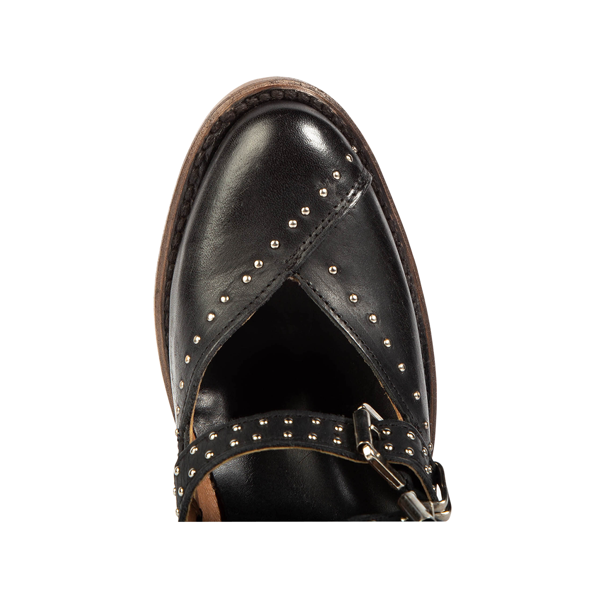 Top view showing almond toe and silver stud detailing on FREEBIRD women's Felicity black bootie