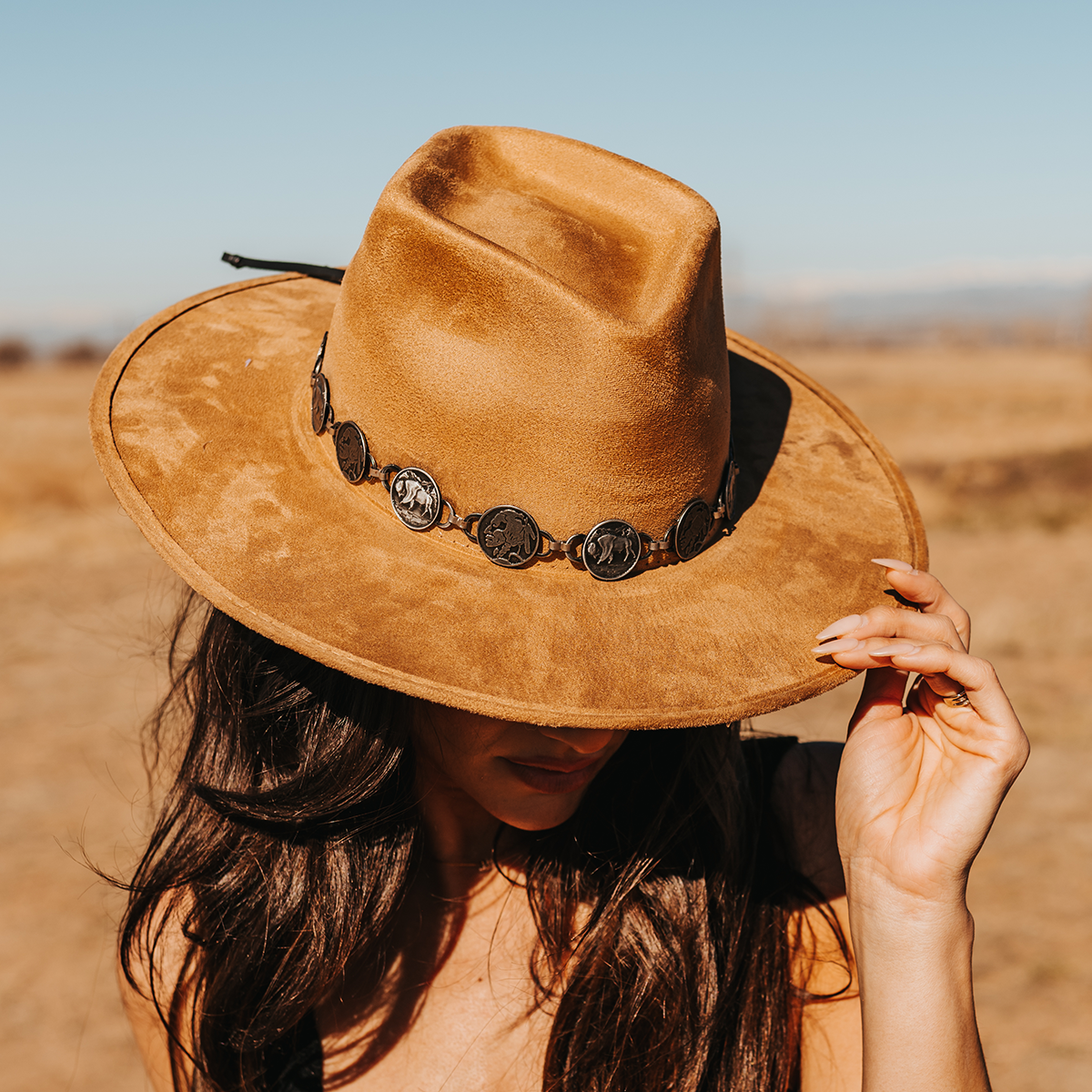 FREEBIRD Gemini camel wide flat-brim hat featuring diamond-shaped crown and metal coin band 