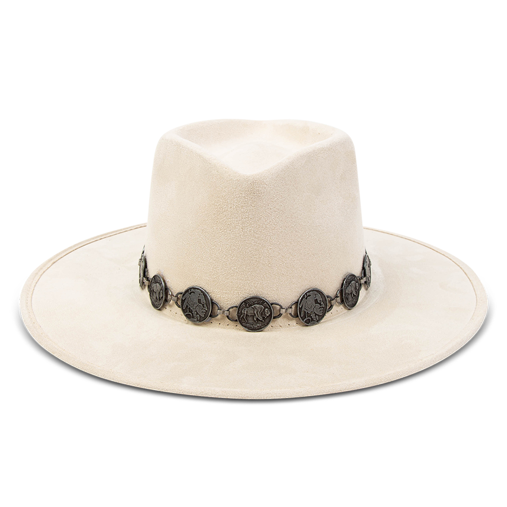 FREEBIRD Gemini beige wide flat-brim hat featuring diamond-shaped crown and metal coin band