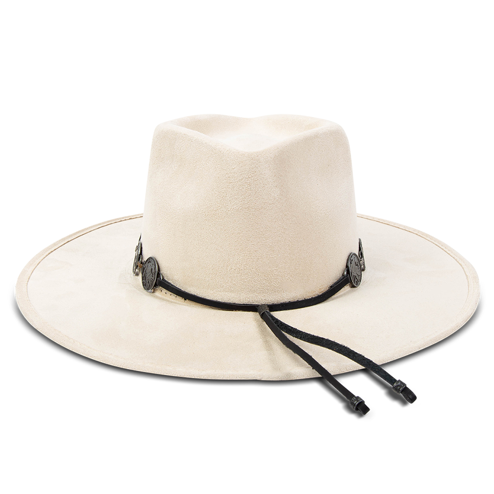 Gemini beige back view showing metal coin band on FREEBIRD flat wide brim hat featuring a diamond-shaped crown