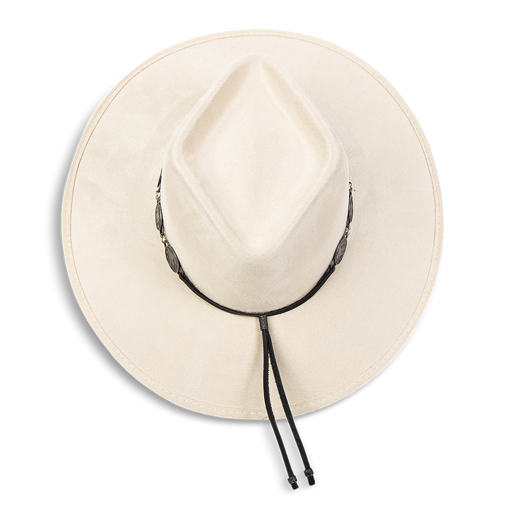 Gemini beige top view showing diamond-shaped crown on FREEBIRD flat wide brim hat featuring metal coin band