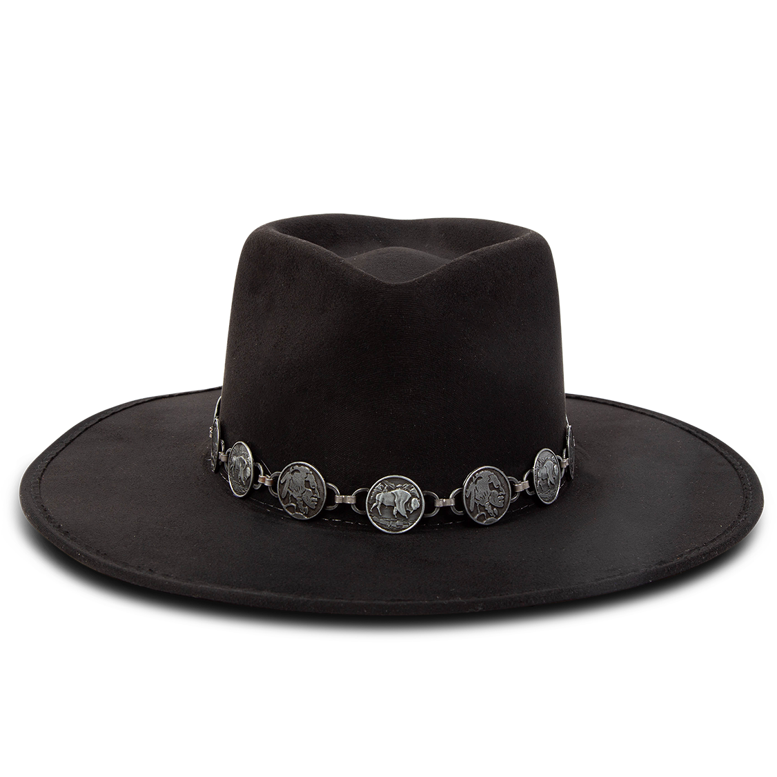 FREEBIRD Gemini black wide flat-brim hat featuring diamond-shaped crown and metal coin band