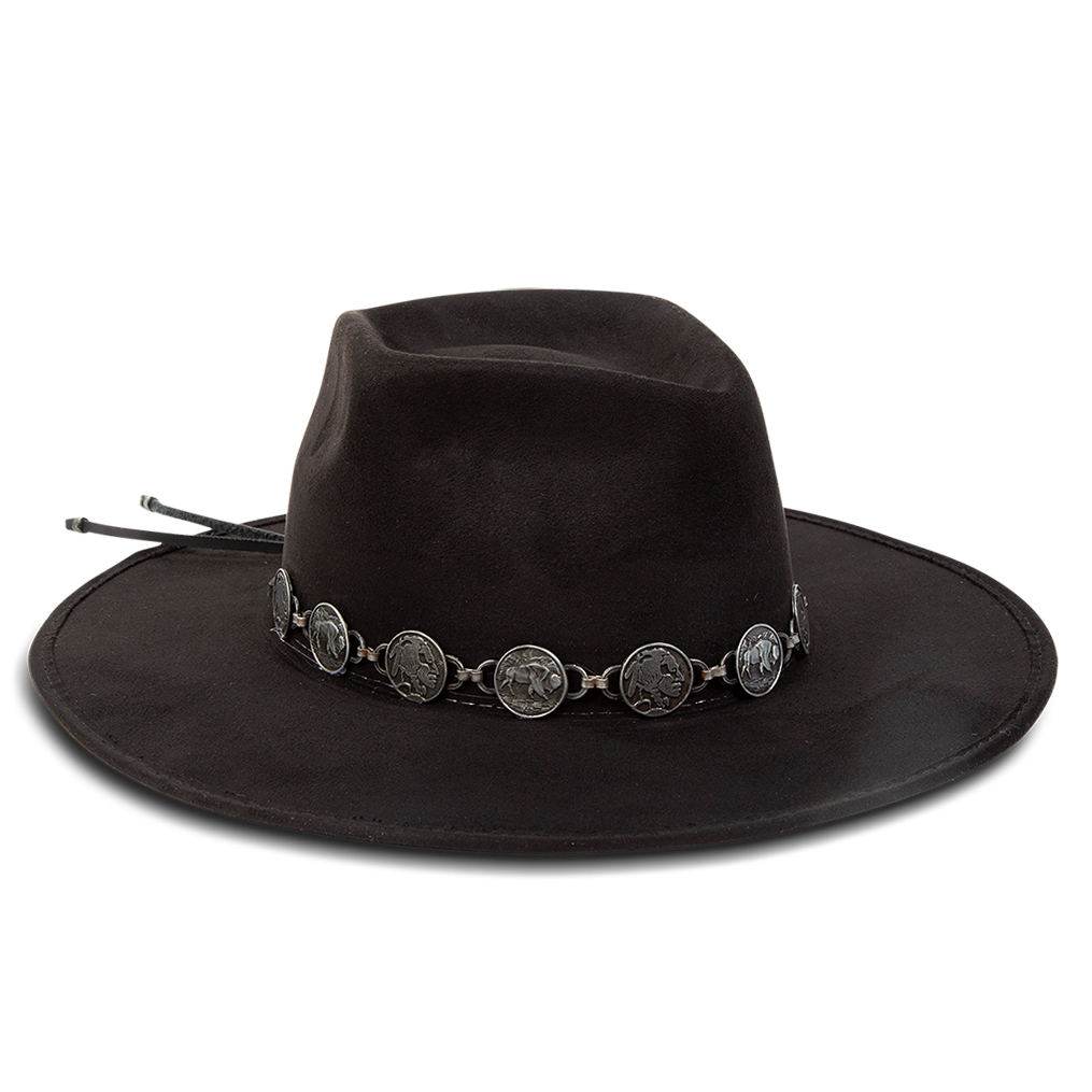Gemini black side view showing metal coin band on FREEBIRD flat wide brim hat featuring a diamond-shaped crown