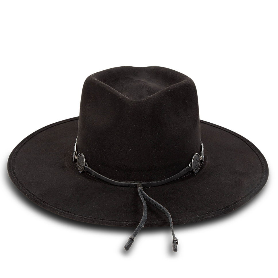 Gemini black back view showing metal coin band on FREEBIRD flat wide brim hat featuring a diamond-shaped crown