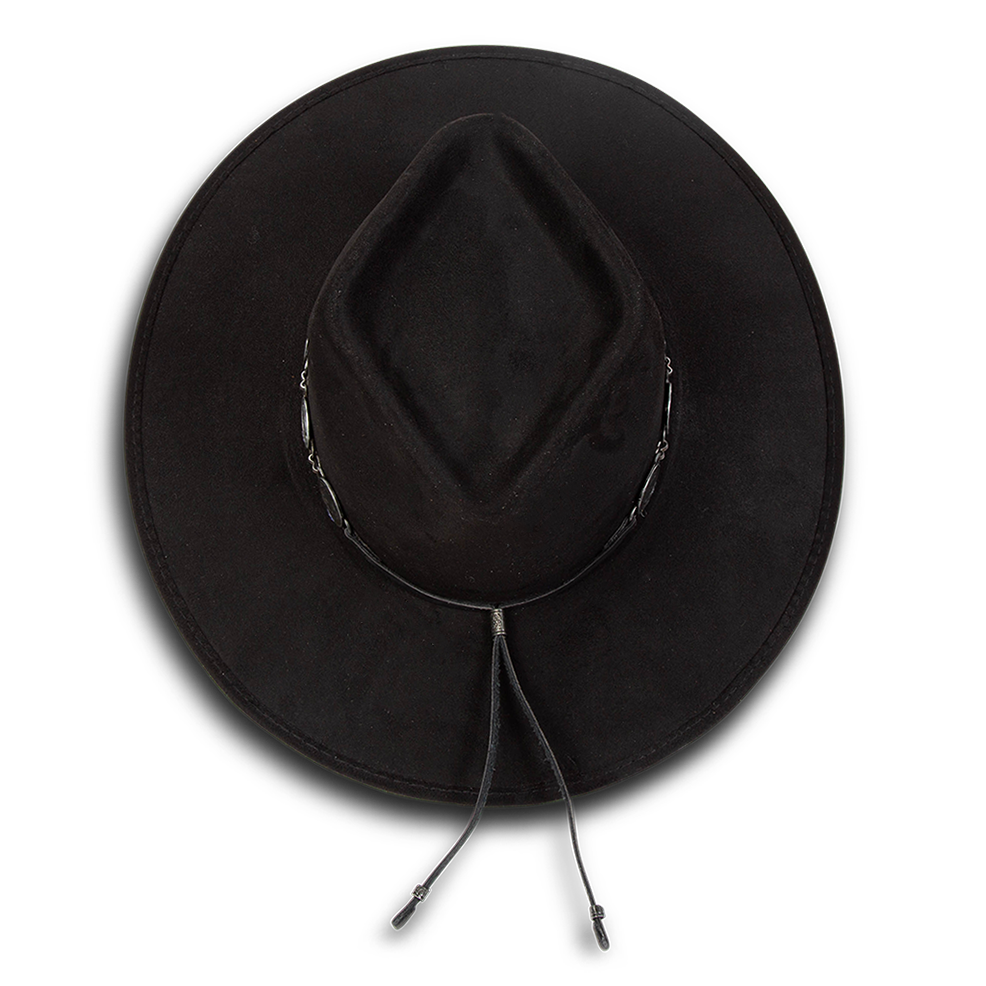 Gemini black top view showing diamond-shaped crown on FREEBIRD flat wide brim hat featuring metal coin band